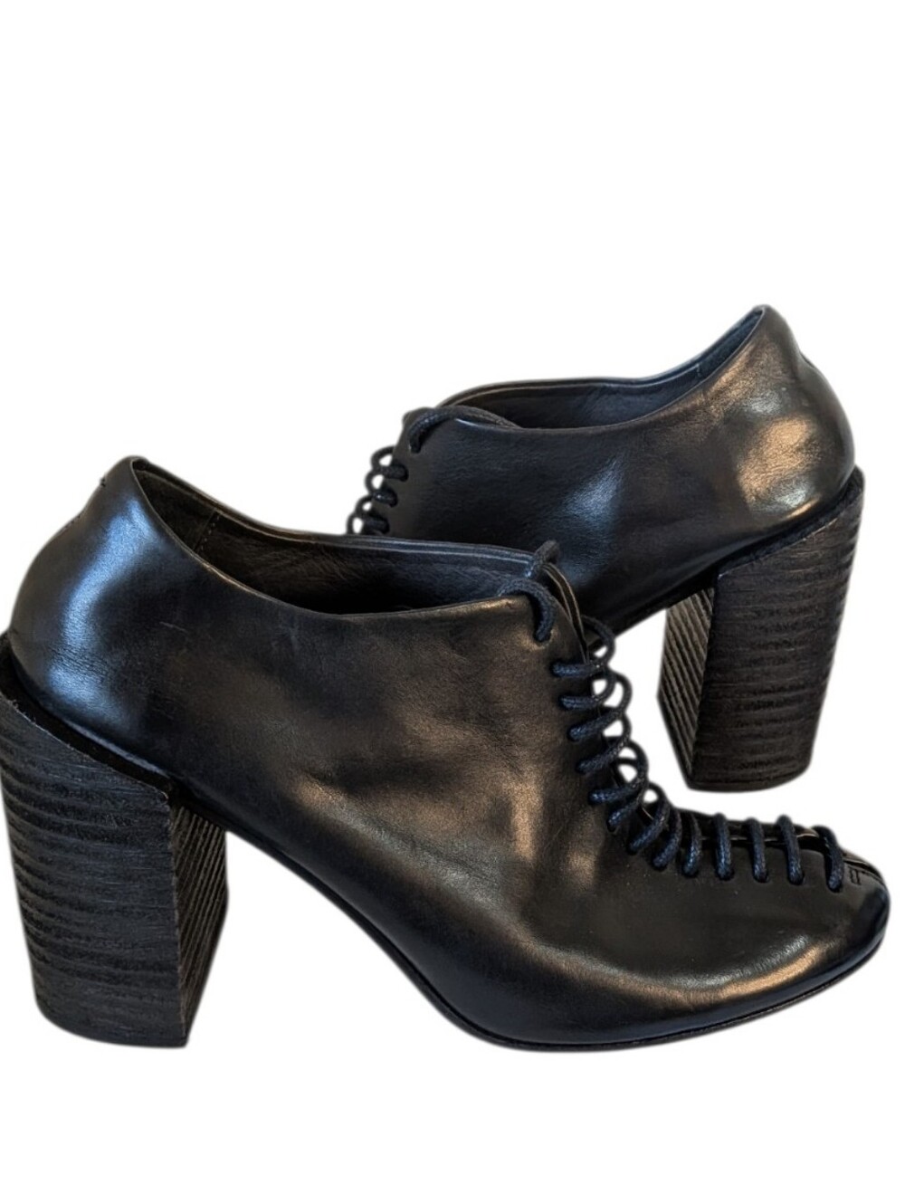 Marsell Black Lace-Up Leather Block Heel Booties... Size EU 39/US 8.5-9